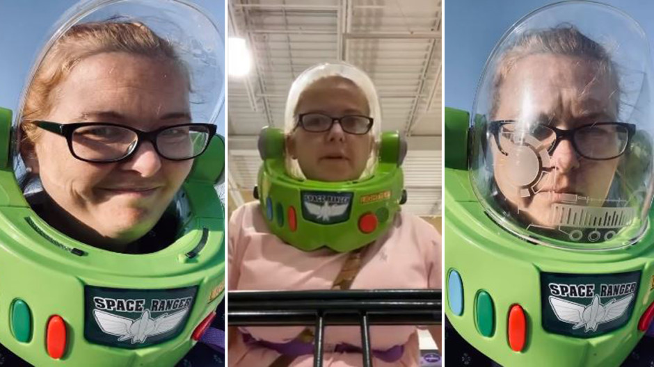 ¡A falta de cubrebocas! Mujer usa disfraz de Buzz Lightyear para ir al supermercado