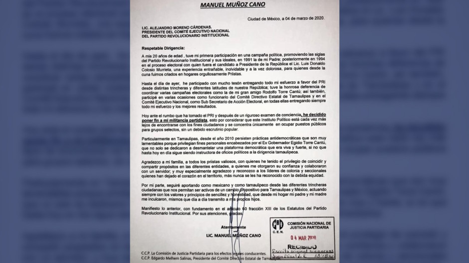Se va Muñoz Cano del PRI; culpa al ex gobernador Egidio Torre