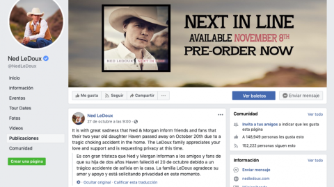 Fallece por asfixia hija del cantante de country Ned LeDoux 
