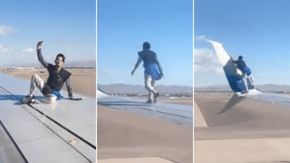 Hombre se sube al ala de un avión a punto de despegar en Las Vegas