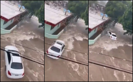 Auto es arrastrado por la corriente de agua en Culiacán, Sinaloa