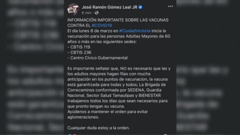 Confirma JR que este Lunes inicia vacunación de adultos mayores en Victoria