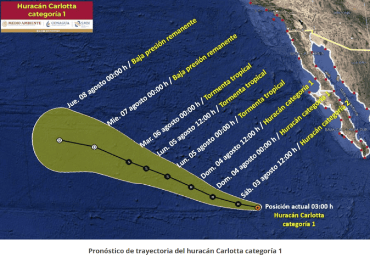 Huracán "Carlotta" se intensifica lentamente en su trayecto por el Océano Pacífico