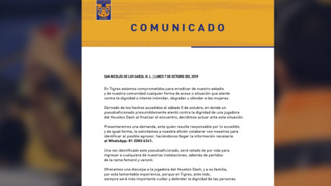 Tigres veta de por vida al aficionado que acosó a la jugadora de Houston Dash