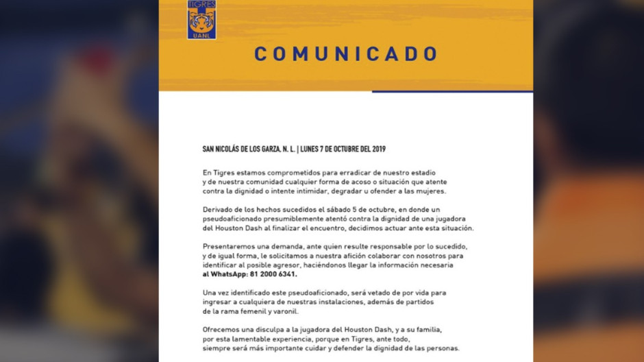 Tigres veta de por vida al aficionado que acosó a la jugadora de Houston Dash