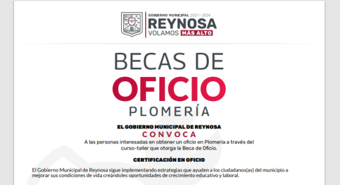Convoca Gobierno de Reynosa a Becas de Oficio en Plomeria 