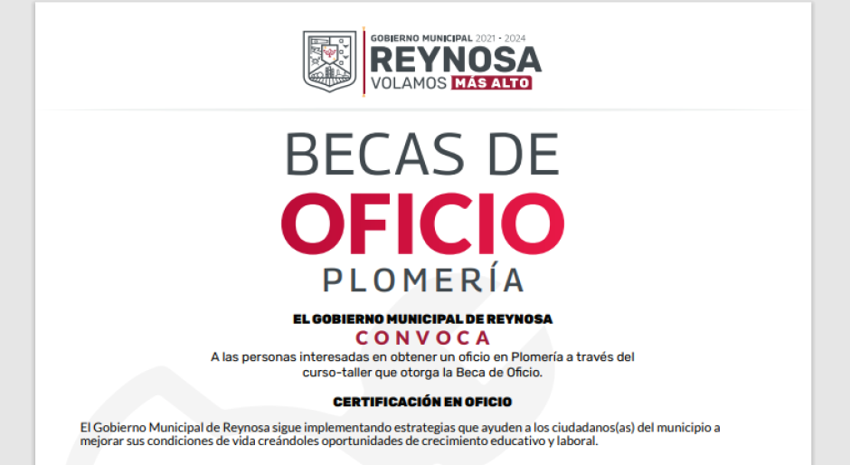 Convoca Gobierno de Reynosa a Becas de Oficio en Plomeria 