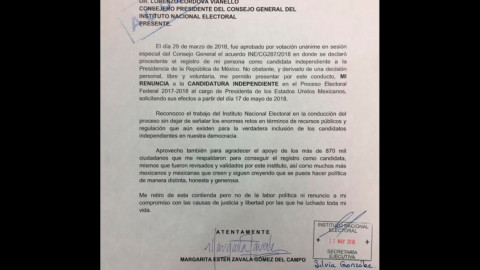 Presenta Margarita Zavala su renuncia a candidatura ante el INE