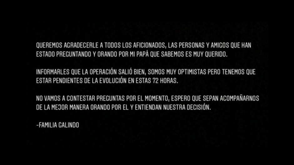 Benjamín Galindo es operado con éxito tras sufrir un derrame cerebral
