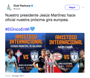 Pachuca presenta gira por Europa; PSV donará taquilla a MX