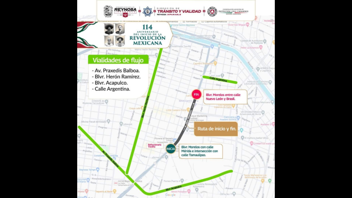 Aviso de cierres de vialidad por Desfile Conmemorativo del 114 Aniversario de la Revolución Mexicana en Reynosa 
