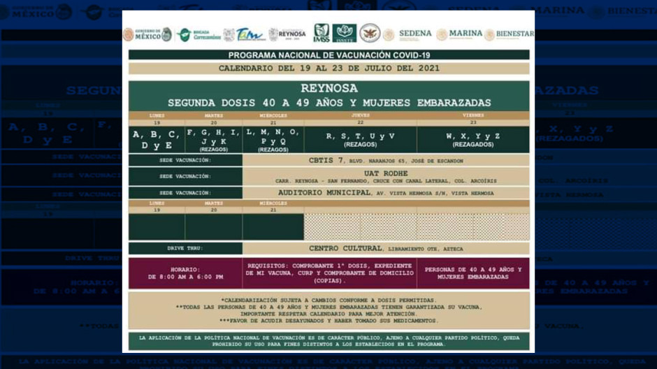 Arranca el lunes vacunación de segunda dosis para personas de 40 a 49 años en Reynosa