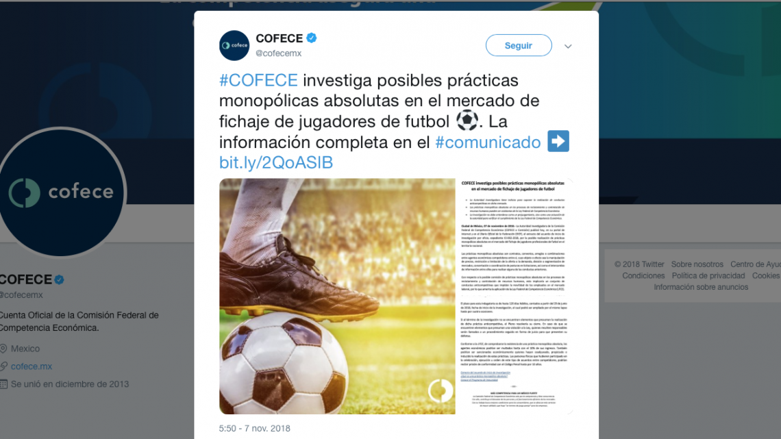 Cofece investiga posibles prácticas monopólicas en contratación de futbolistas en México 