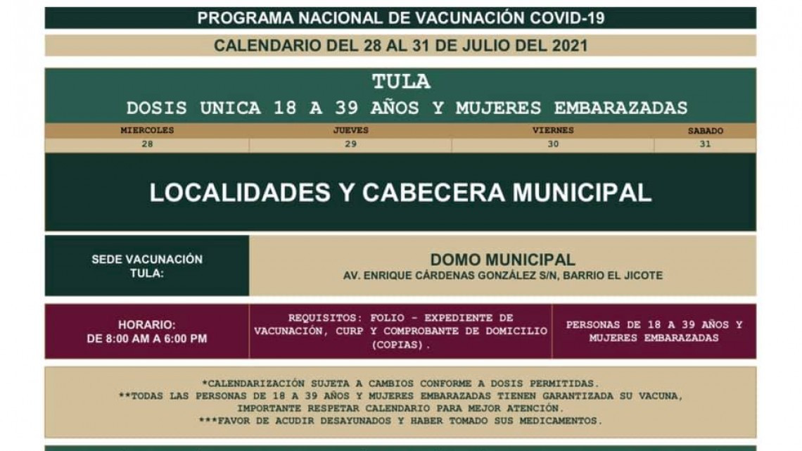 Conoce primeras fechas y sedes de vacunación contra Covid19 para 18 a 39 años en Tamaulipas