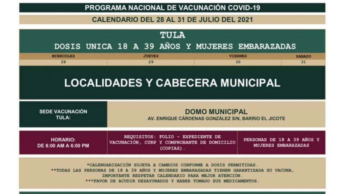 Conoce primeras fechas y sedes de vacunación contra Covid19 para 18 a 39 años en Tamaulipas
