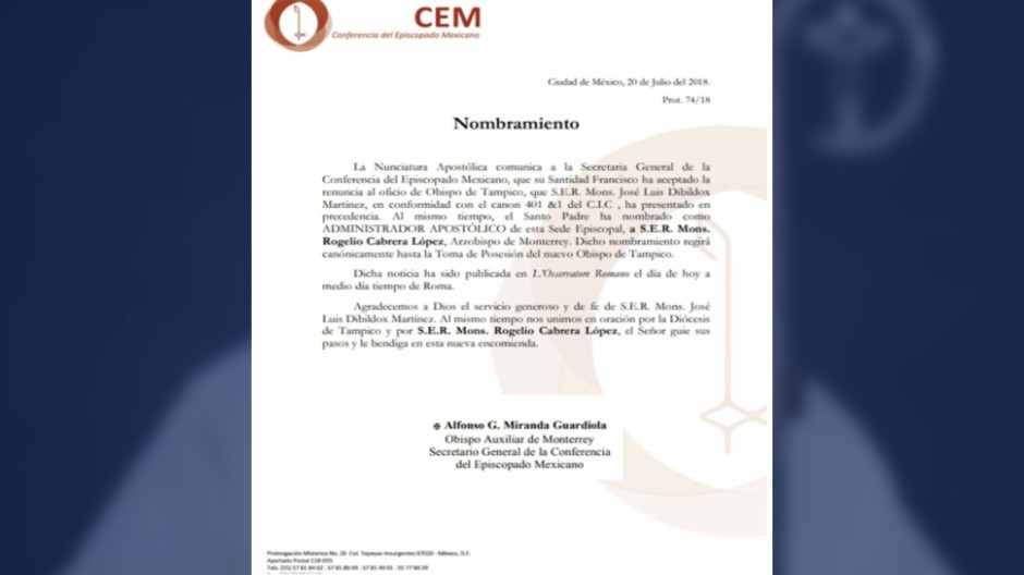 Rogelio Cabrera López, Arzobispo de Monterrey, se hace cargo de Diócesis de Tampico