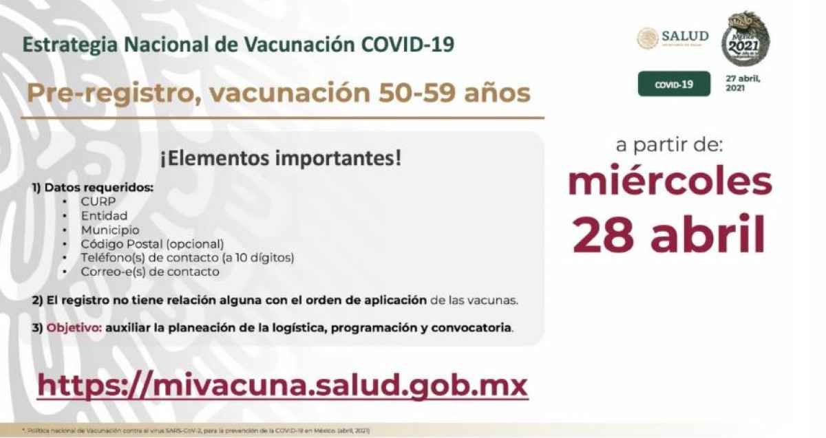 Este miércoles inicia registro de vacunación contra el COVID-19 a personas de 50 a 59 años 