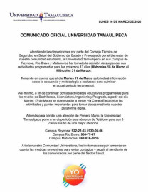 Universidad Tamaulipeca anuncia suspensión de clases en sus tres campus