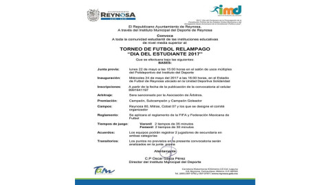 Instituto Municipal del Deporte invita al Torneo de Futbol Relámpago