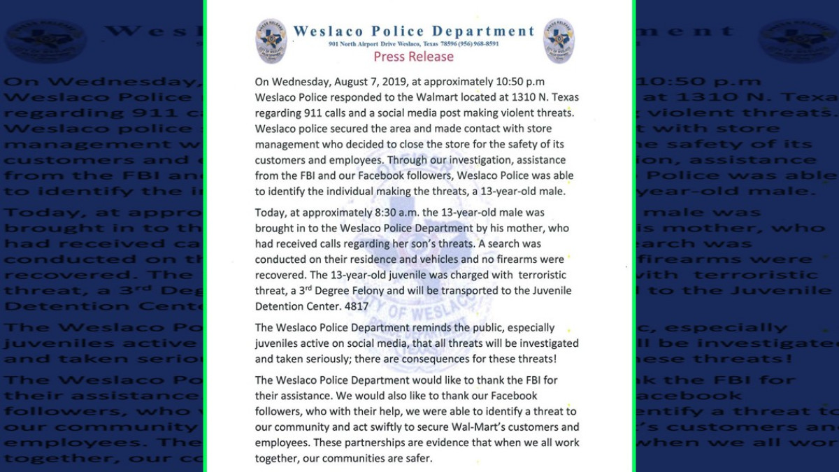 Policía de Weslaco acusa a menor de edad en el caso de amenaza de Walmart