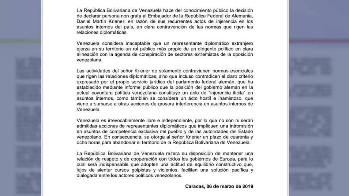 Venezuela expulsa a embajador de Alemania