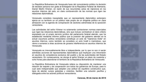 Venezuela expulsa a embajador de Alemania