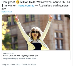 Mujer gana 735 mil dólares por vacunarse contra el COVID 