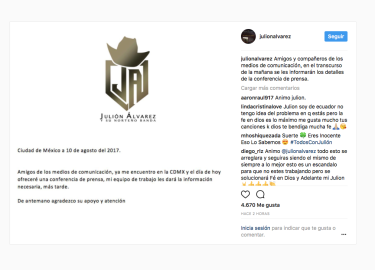 Julión Álvarez ofrecerá hoy conferencia de prensa