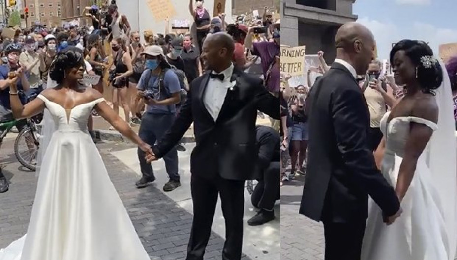 Pareja de recién casados se unen a protesta en Filadelfia 