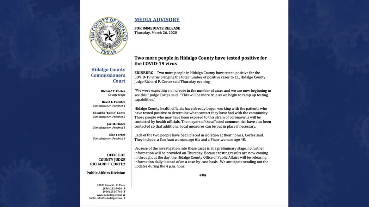 Suman 11 casos de coronavirus en el Condado de Hidalgo 