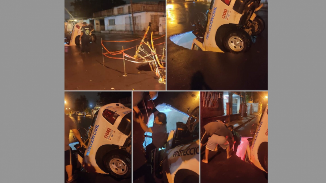 Se traga socavón a patrulla de Protección Civil en Nuevo Laredo