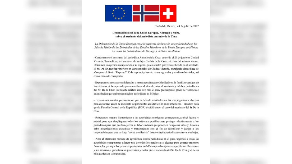 UE condena asesinato del periodista Antonio de la Cruz