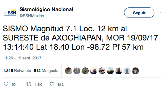 Sismo Magnitud 7.1 grados al sureste de Axochiapan, Morelos sacude CDMX