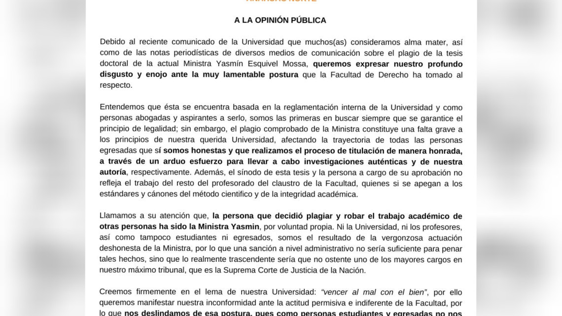 Universidad Anáhuac niega facultad sobre plagio de tesis doctoral de Yasmín Esquivel; comunidad estudiantil inconforme