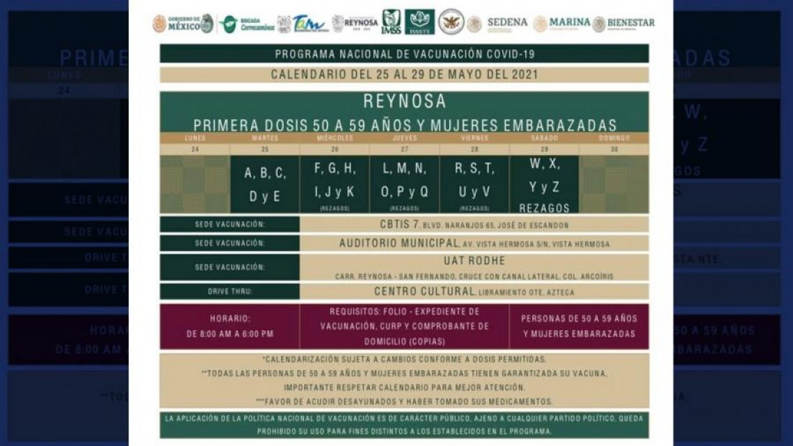 Inicia vacunación contra Covid-19 a personas de 50 a 59 en Reynosa, Matamoros y Altamira 