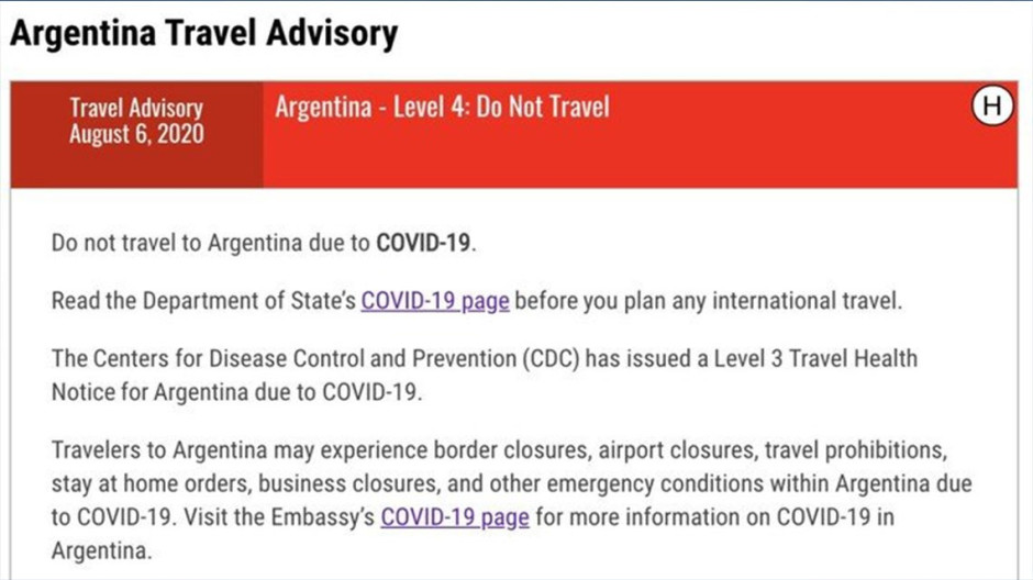 Estados Unidos le pide a sus ciudadanos que no viajen a Argentina 