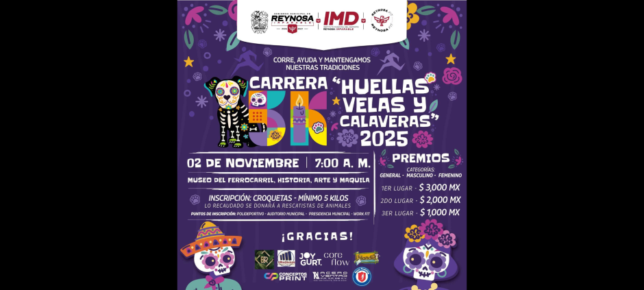 Invita Gobierno de Reynosa a participar en la Carrera 5K Huellas, Velas y Calaveras 2025