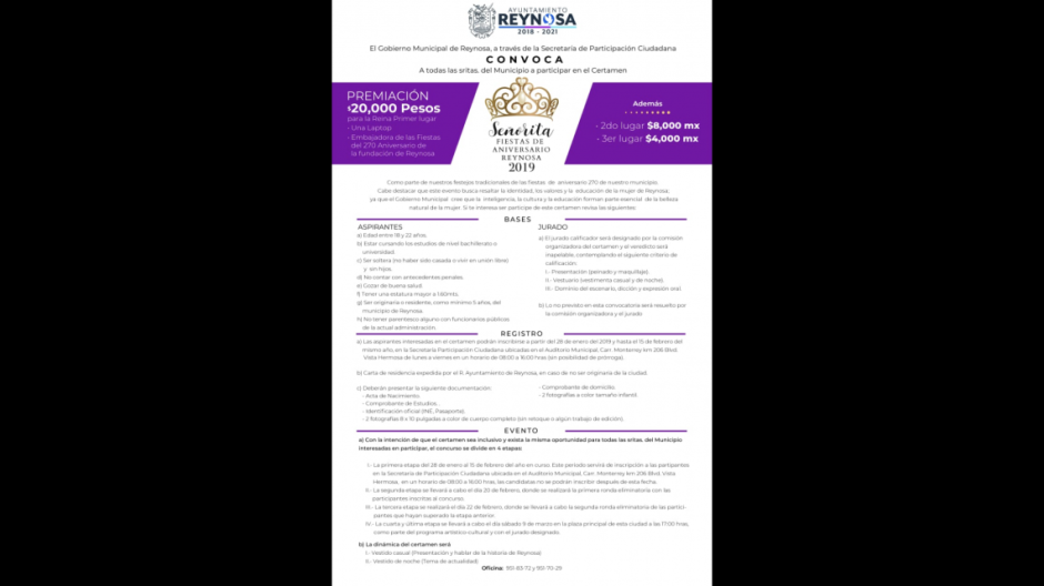 Invita Municipio a participar en Señorita Fiestas de Aniversario Reynosa 2019 