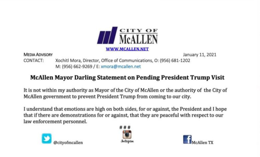 Pide alcalde de McAllen, Jim Darling, manifestaciones pacíficas con la visita de Trump