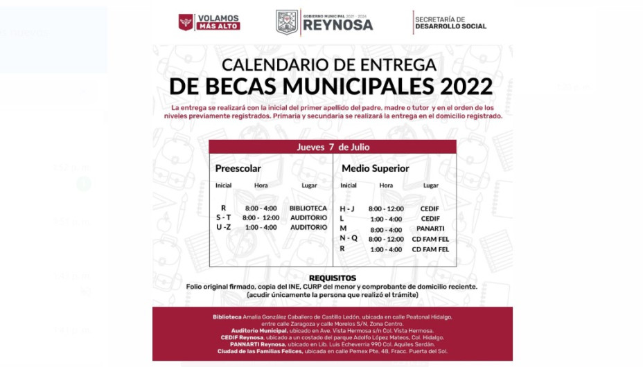 Becas nivel Preescolar y Medio Superior, para jueves 7 de Julio.