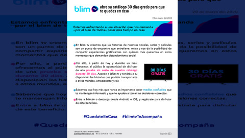 ¡Para que te quedes en casa! Blim TV abre su catálogo por 30 días gratis 