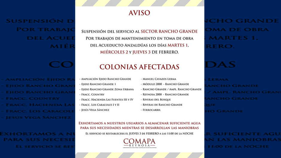 Programa COMAPA de Reynosa suspensión de agua potable para Sector Rancho Grande  