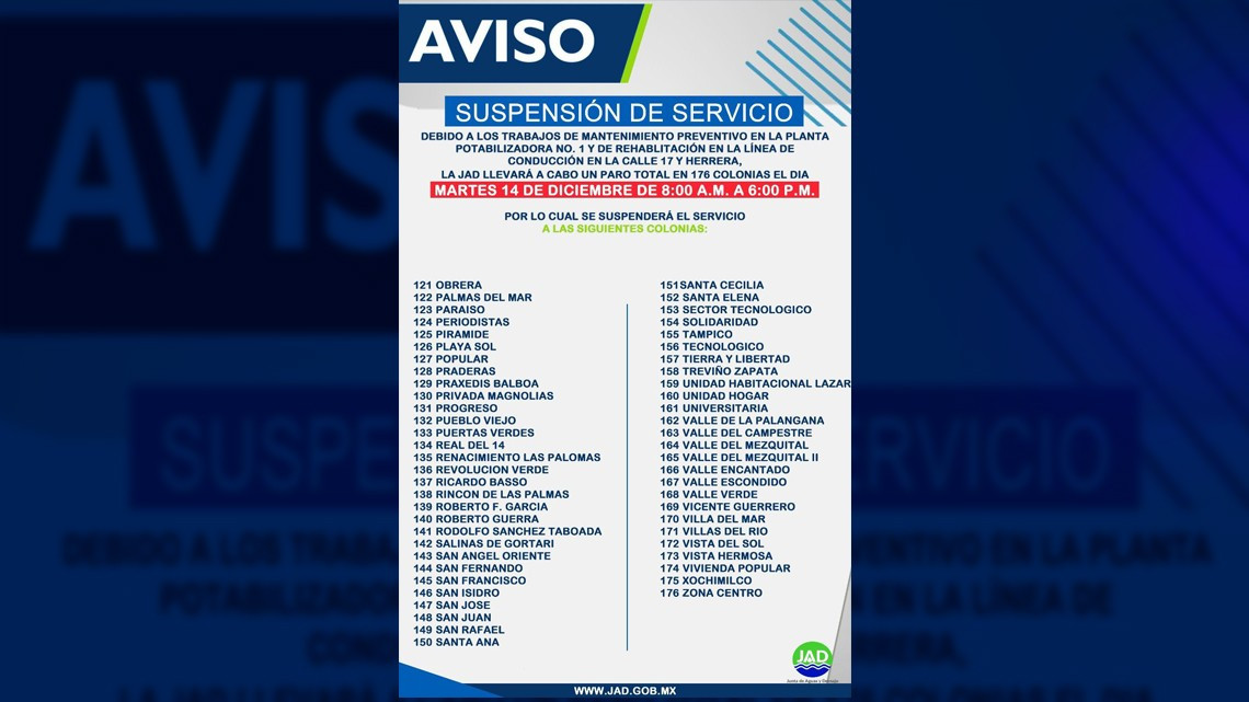 Anuncia JAD suspensión de servicio de agua potable en 176 colonia el martes 14 de diciembre