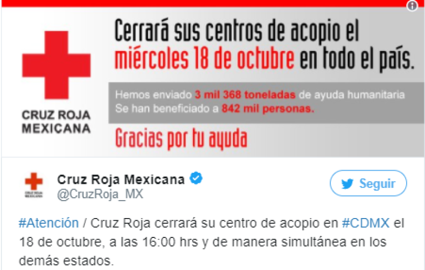 Cruz Roja cerrará centros de acopio el 18 de octubre