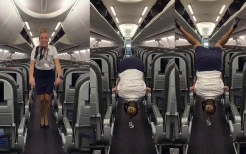 Aeromoza asombra con sus habilidades acrobáticas