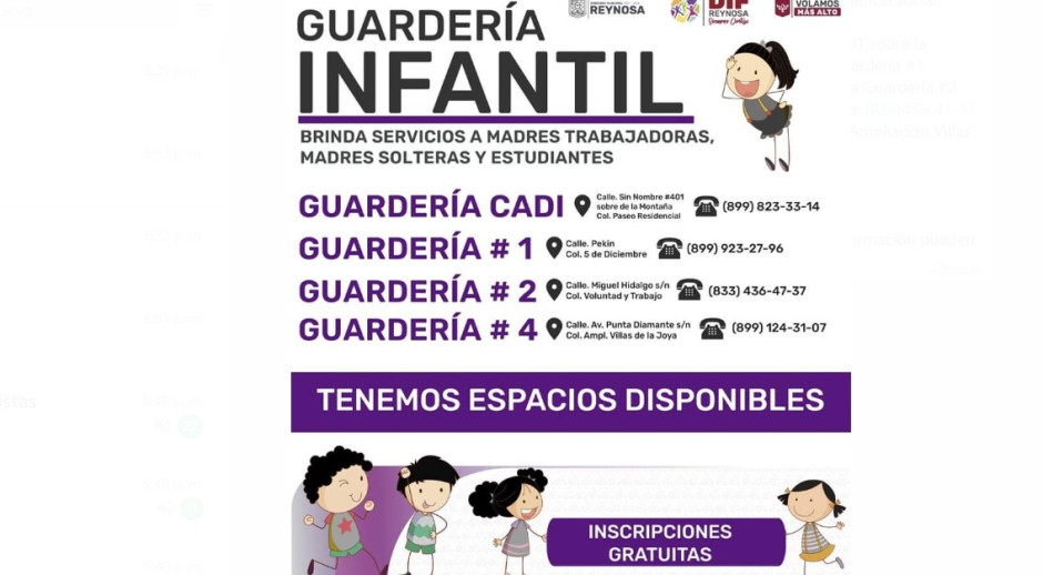 Inscripciones gratuitas en  Guarderías DIF Reynosa 