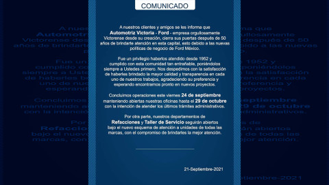 Ford anuncia el cierre de su sucursal en Ciudad Victoria 