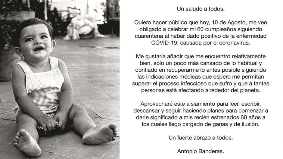 Antonio Banderas cumple 60 años y anuncia que dio positivo a covid-19