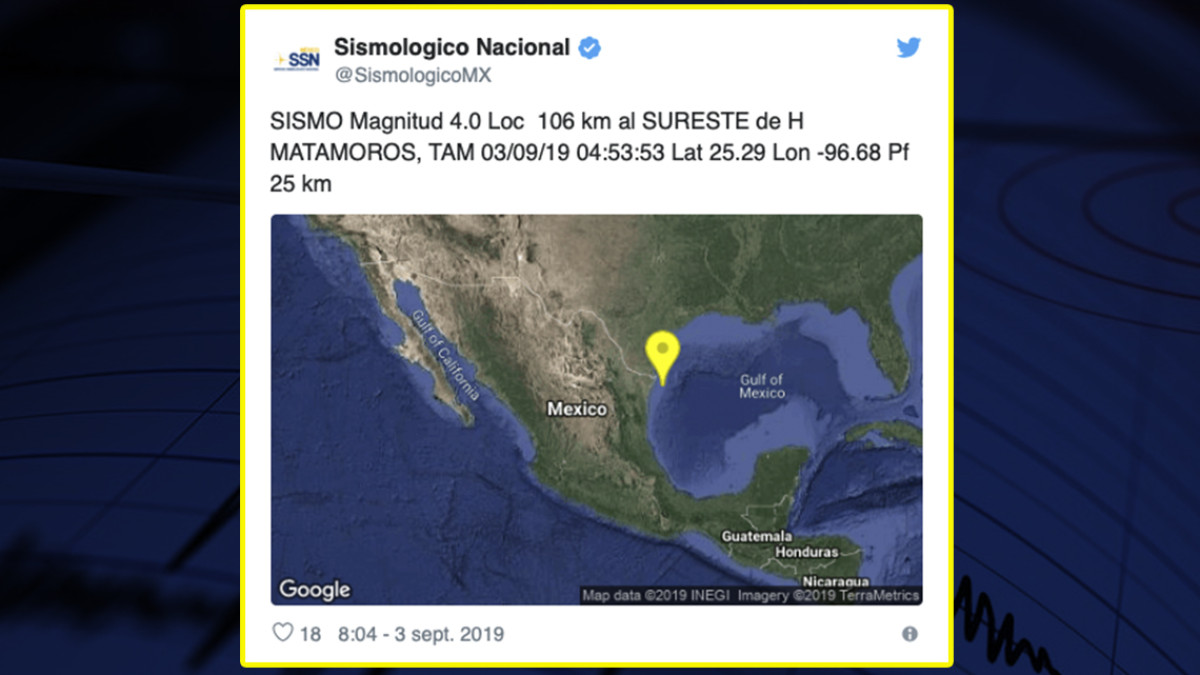 Se registra sismo de 4.0 en Matamoros
