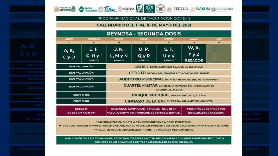 Próximo martes inicia aplicación de segunda dosis para adultos mayores en Reynosa